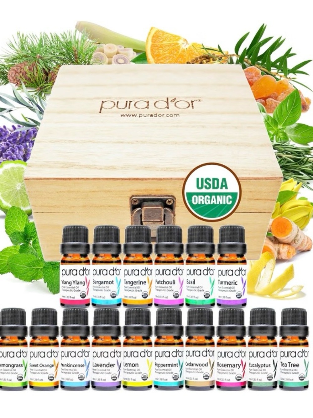Pura d'or Organic Essential Oil Set with Wooden Storage Box - Natural Wood